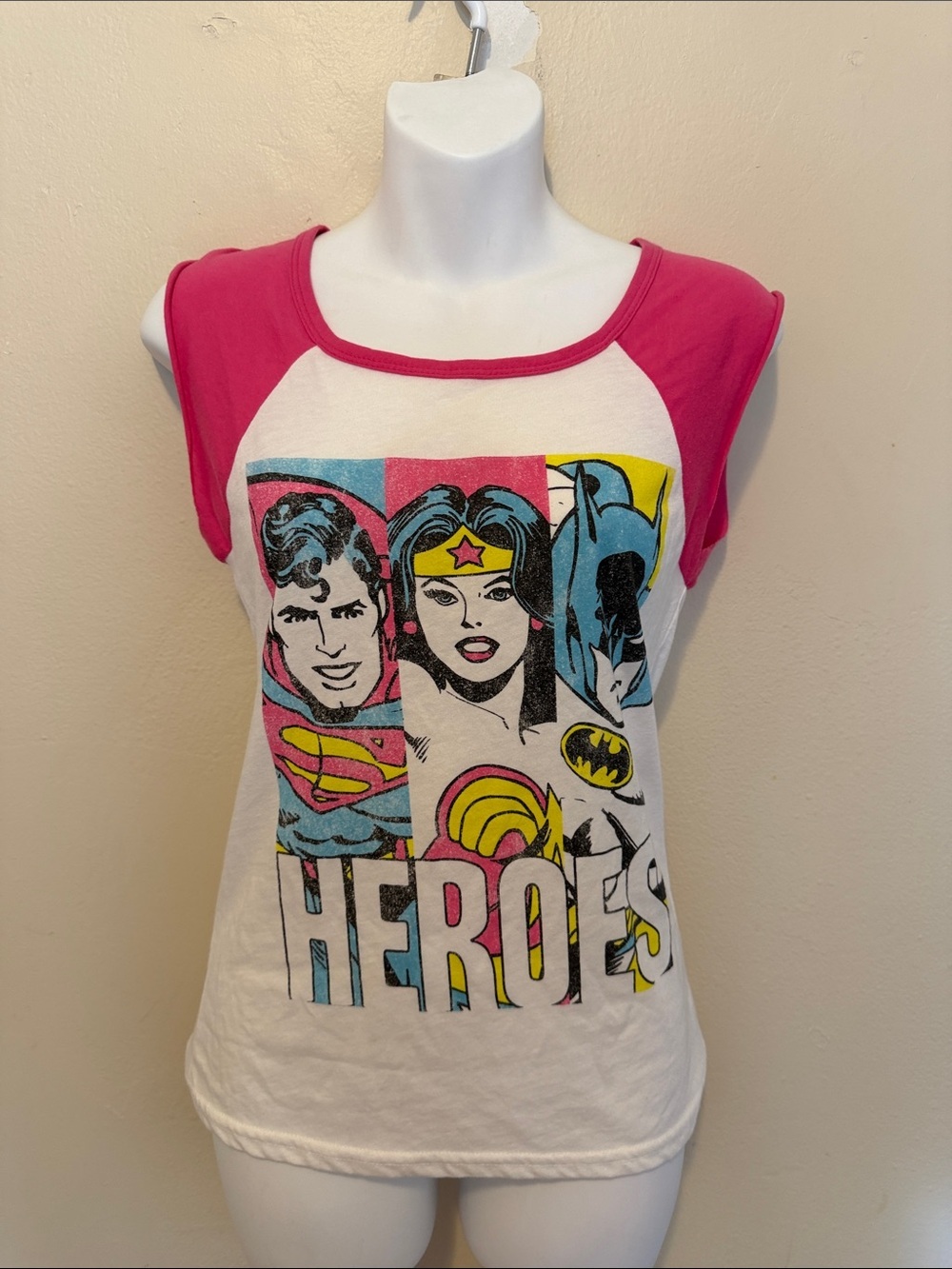 DC Comics White Tank with Hot Pink Raglan Shoulders